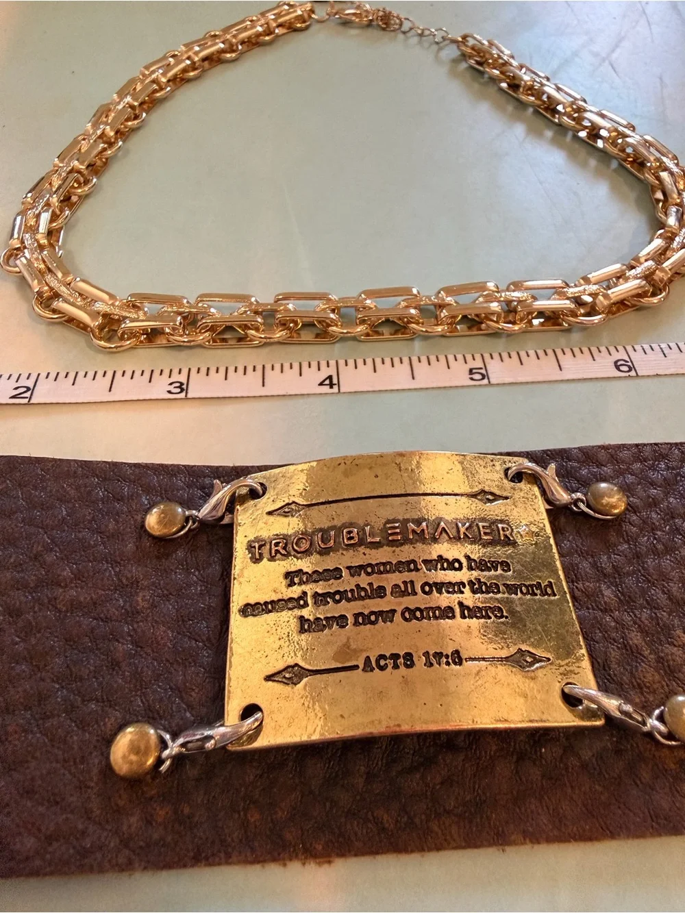 Inspirational Leather Bracelet w Gold Chain Link Necklace - Women Accessories 🤩
